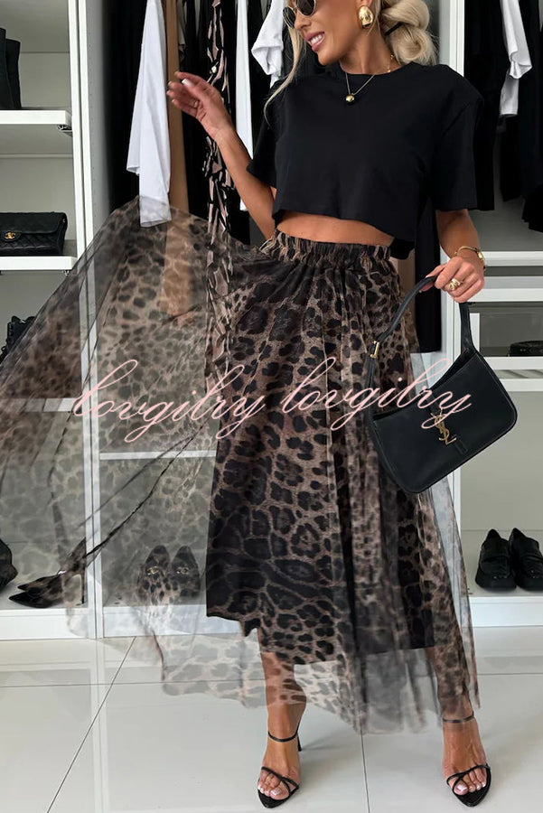 Autumn Jungle Tulle Leopard Print Elastic Waist A-line Maxi Skirt