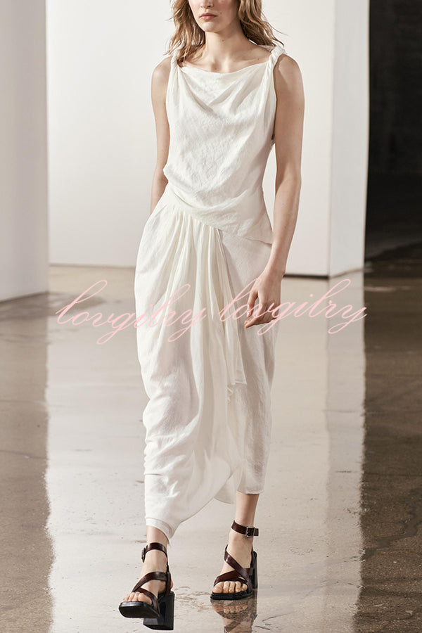 Sculptural Effect Linen Blend Twisted Shoulder Strap Drape Maxi Dress