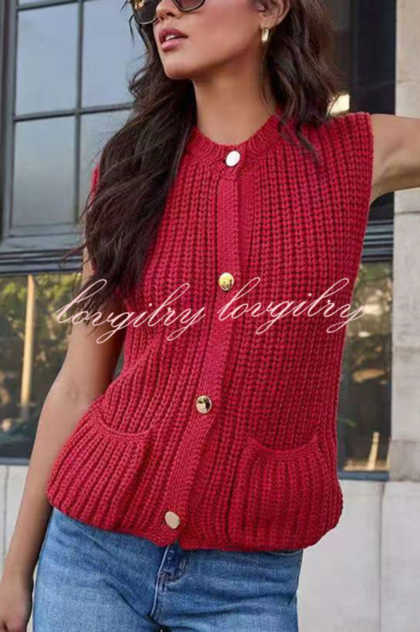 Solid Color Sleeveless Button Pocket Knit Vest