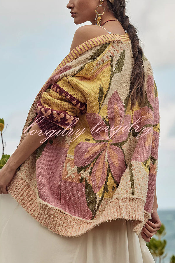 Floral Pattern Loose Long-sleeved Knitted Cardigan