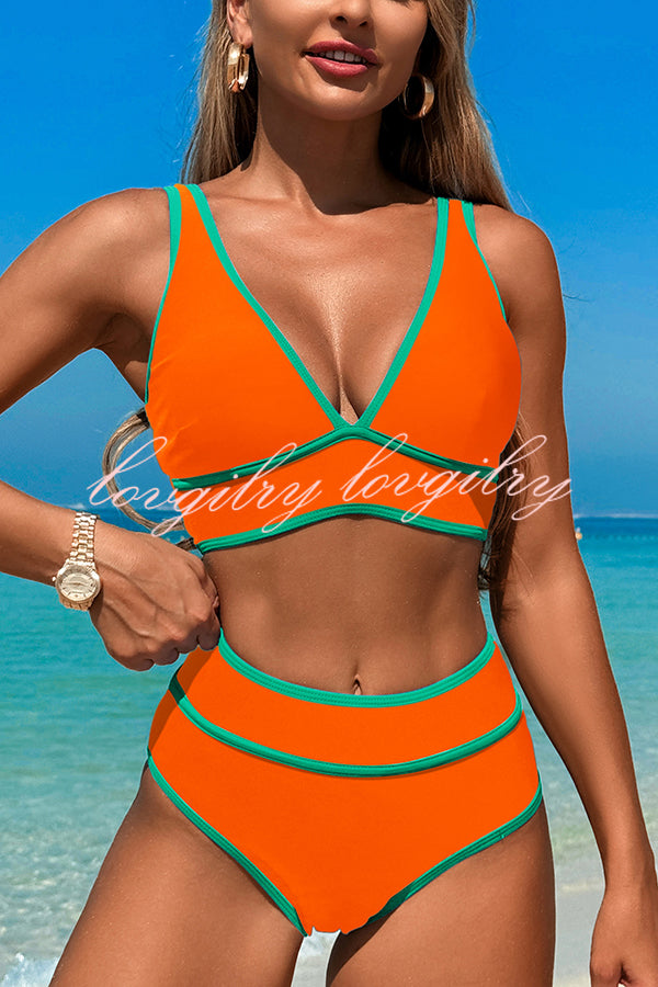 Solid Color Contrast High Waist Stretch Bikini Swimsuit