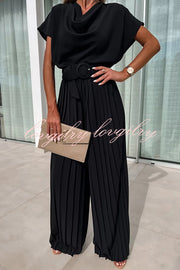Ivy Cowl Neck Short Sleeve Belt Pleated Loose Wide Leg Jumpsuit