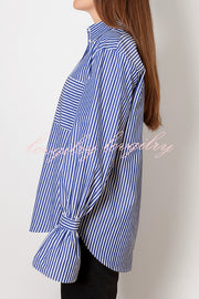 Striped Print Ruffled Long Sleeve Pockets Loose Shirt