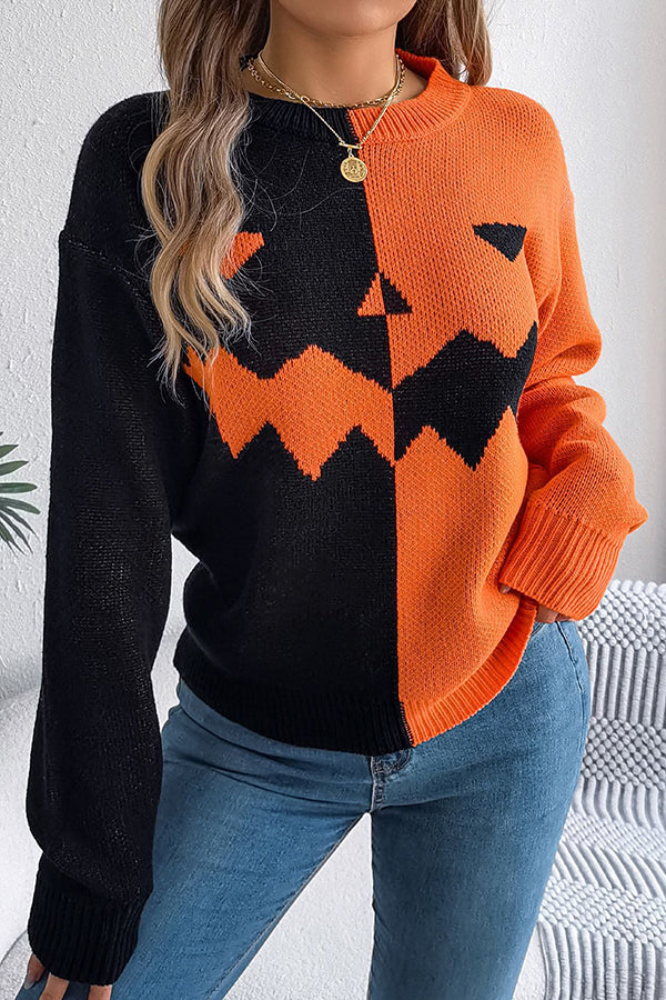 Halloween Pumpkin Contrast Color Long Sleeve Loose Sweater