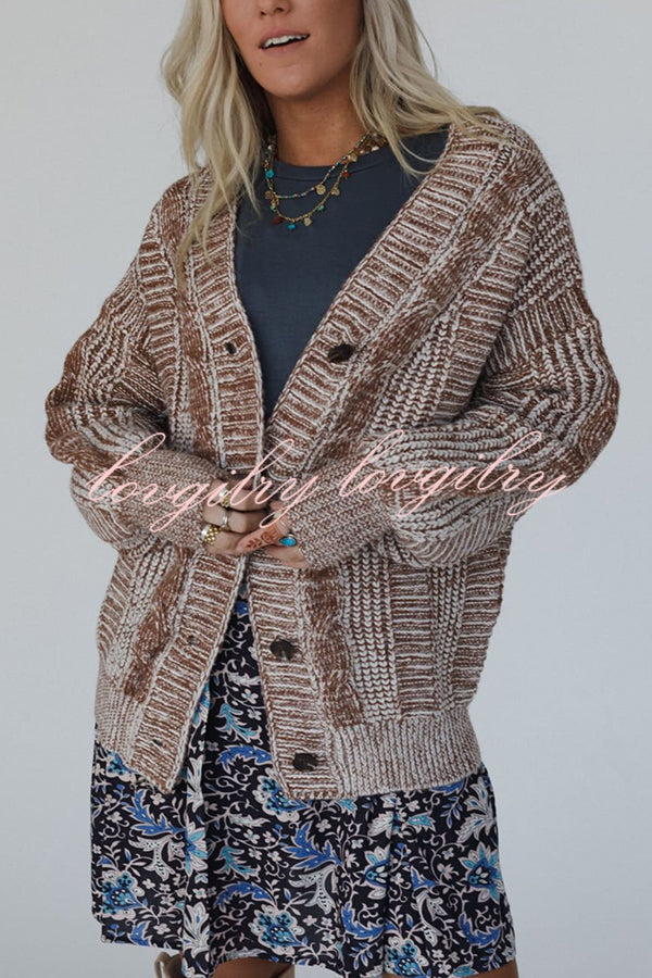 Casual V-neck Long-sleeved Striped Button-down Knitted Cardigan