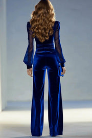 Solid Color Velvet V-neck Long-sleeved Elegant Fitted Jumpsuit