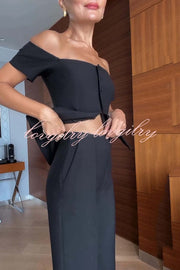 Solid Color Off-the-shoulder Single-breasted Top and Casual Pocket Straight-leg Pants Set