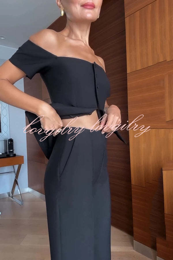 Solid Color Off-the-shoulder Single-breasted Top and Casual Pocket Straight-leg Pants Set