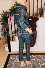Embrace The Festival Plaid Twist Half Sleeve Shirt and Elastic Waist Pencil Pants Set