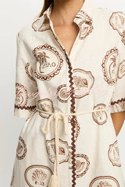 Resort Style Print Lapel Short Sleeves Casual Pocket Waist Tie Loose Midi Dress
