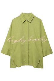 Solid Color Loose Casual Shirt and Elastic Waist Pocket Wide Leg Pants Set