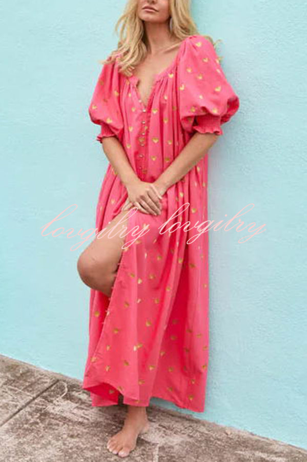 Valentine's Day Gold Heart Print Puff Sleeve Button Pocketed Loose Maxi Dress