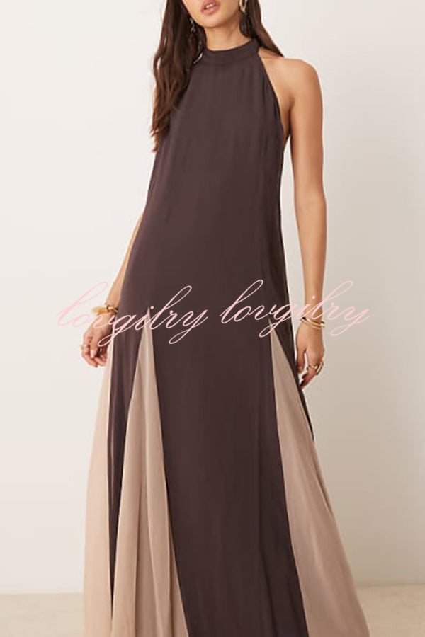 Fresh Horizons Panelled Tulle Halter A-line Maxi Dress