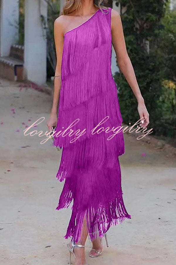 Stylish Fringed One Shoulder Asymmetric Midi Dress