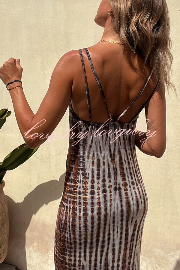 An Inspiration Tie-dye Print Double Shoulder Strap Stretch Maxi Dress