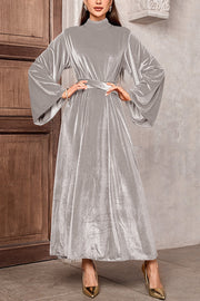 Solid Color Velvet Bell Sleeves Tie Waist Elegant Maxi Dress