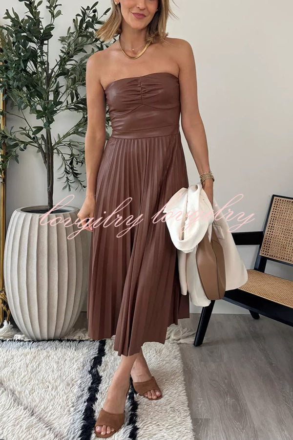 My Juliet Faux Leather Off Shoulder Strapless Pleated Stretch Midi Dress