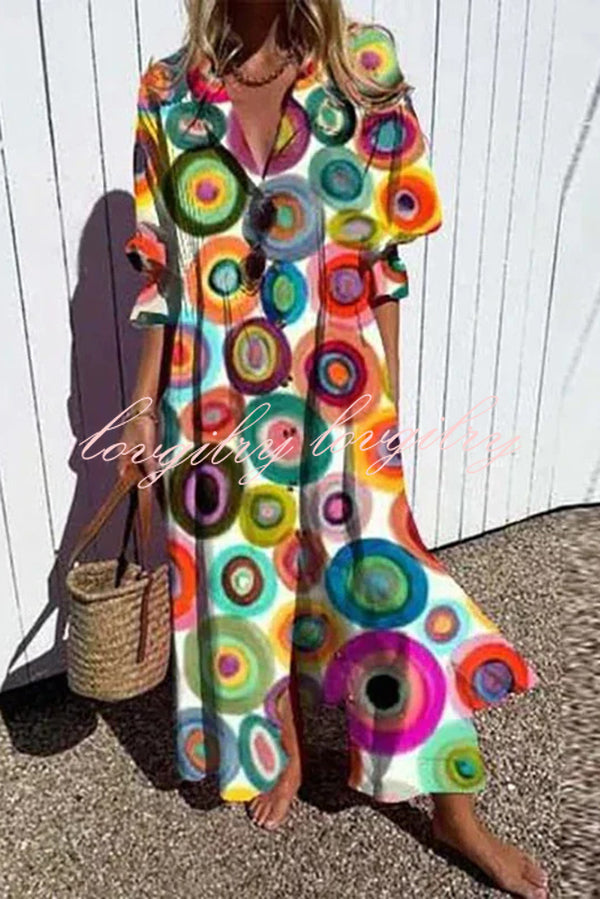 Unique Print Gathered Loose Casual Midi Dress