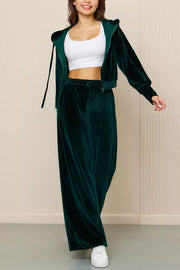 Solid Color Velvet Hooded Zip-up Sweatshirt and Elastic Waist Casual Pocket Straight-leg Pants Set