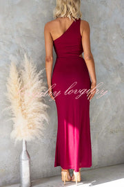 Solid Color Elegant Mesh One Shoulder Sexy Waist Hollow Out Maxi Dress