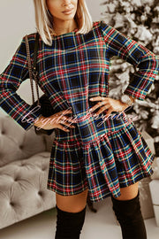 Fashionable Plaid Print Long Sleeve Round Neck Slim Fit Mini Dress