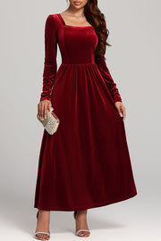 Solid Color Velvet Square Neck Long Sleeve Elegant Maxi Dress