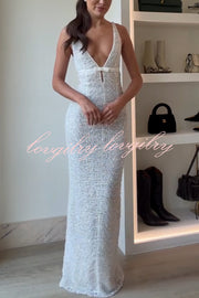 Festival Shines Sequin Beaded Mesh Bow Cutout Detail Slit Maxi Dress