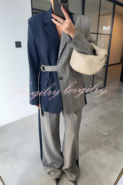 Nayla Plaid Contrast Color Belted Long Sleeve Lapel Blazer and Pocketed Wide Leg Pants Set
