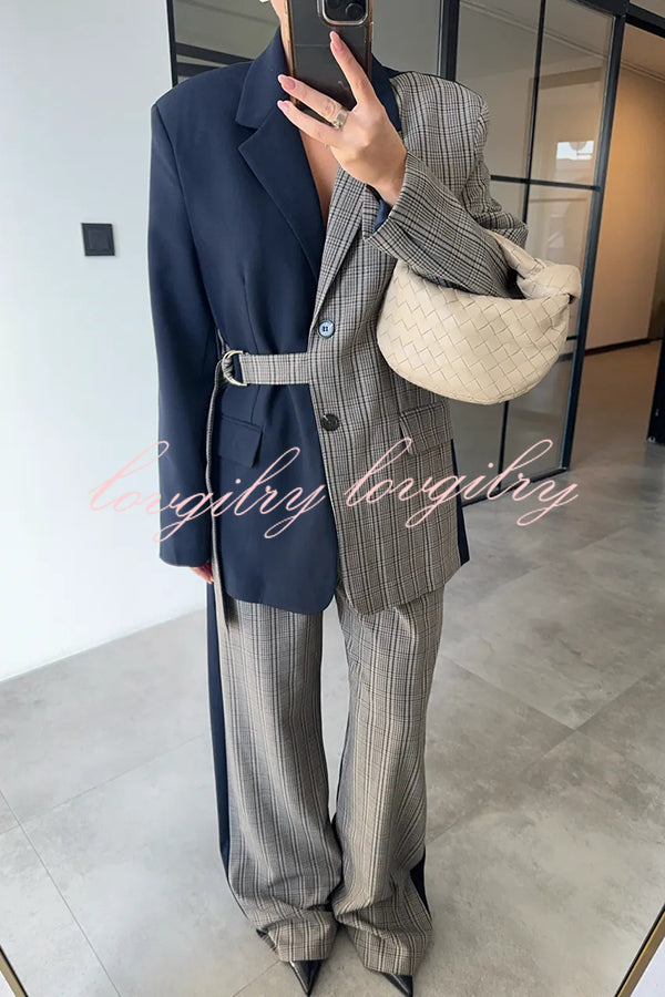 Nayla Plaid Contrast Color Belted Long Sleeve Lapel Blazer and Pocketed Wide Leg Pants Set