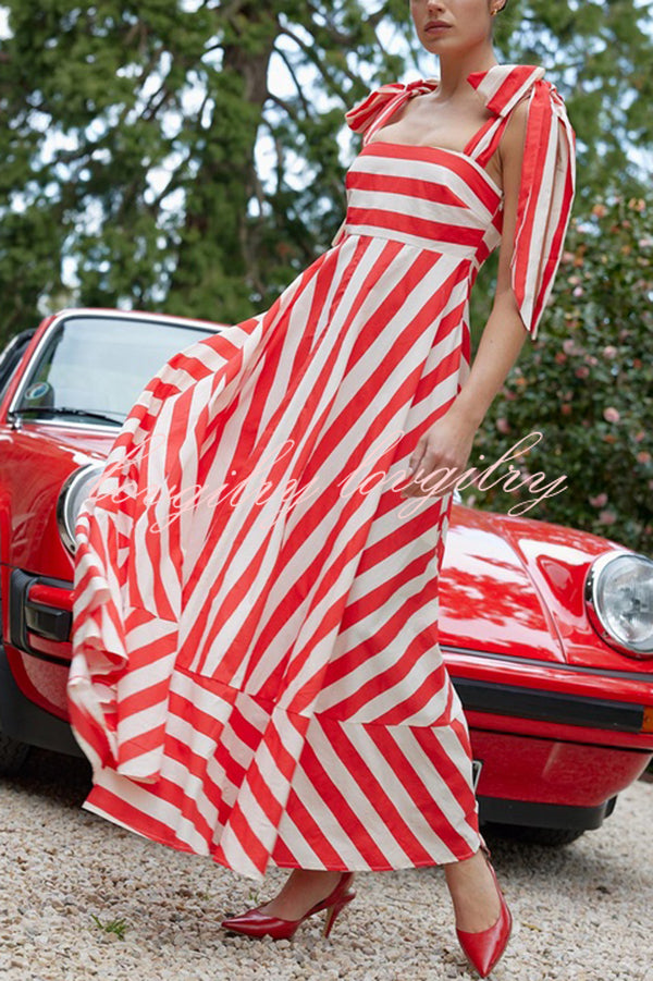 Treasured Times Stripe Print Tie-up Shoulder Pocketed A-line Maxi Dress