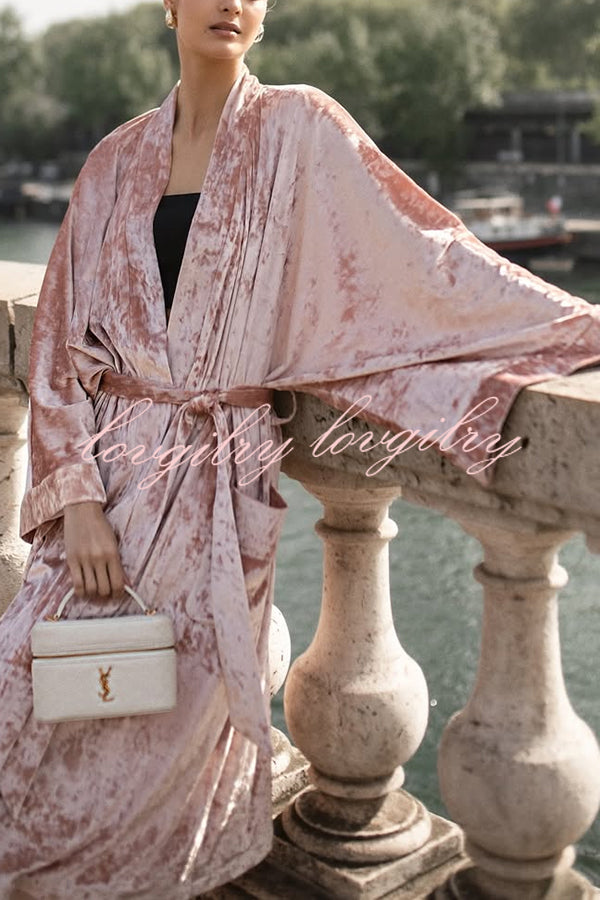 Gorgeous Glossy Velvet Long Bell Sleeve Tie-up Pocket Midi Kimono Coat