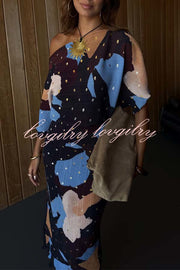 Mara Pleated Fabric Metallic Speckled Color Block Print One Shoulder Maxi Dress