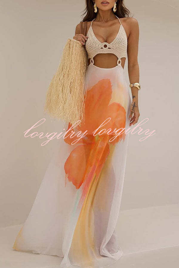 Lily Crochet Knit Bust Ring Floral Print Tulle Hem Maxi Dress