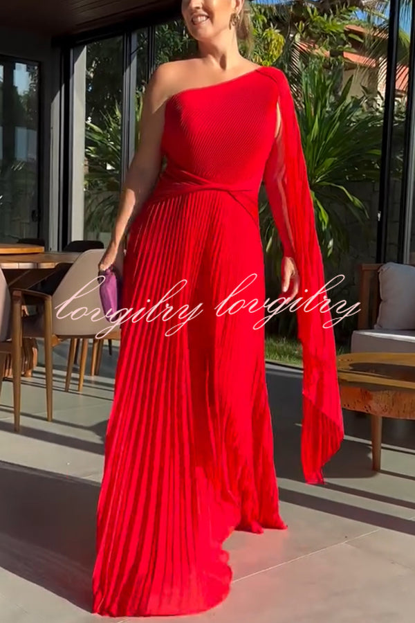 Kate Pleated One Shoulder Drape Sleeve Twist Waist Maxi Dress