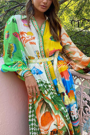 A World of Colour Unique Print Balloon Sleeve Belt Shirt Midi Dress