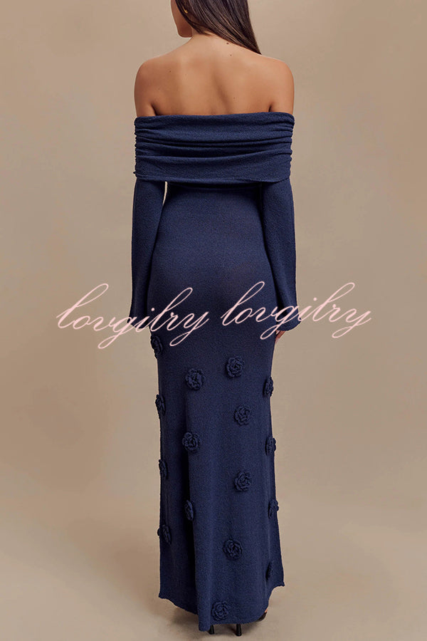 Timeless Sophistication Knit Off Shoulder Rose Detail Stretch Maxi Dress