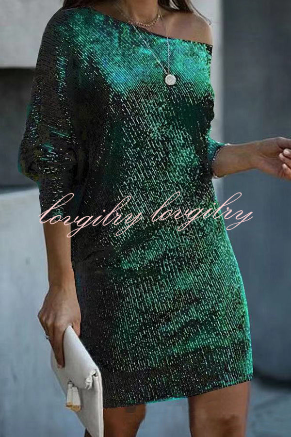 Solid Sequined Off-shoulder Loose Mini Dress