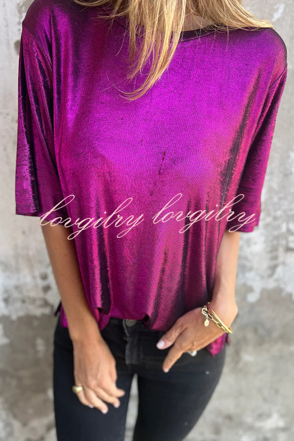 Metallic Solid Color Round Neck Short-sleeved Loose T-shirt