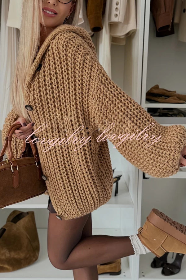 Warm Day Knit Button Up Long Balloon Sleeve Hooded Loose Cardigan