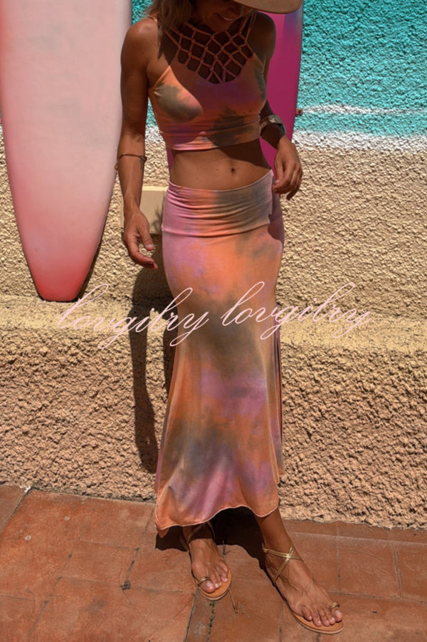 Boho Style Tie-dye Hollow Straps Neck Tank and High Rise Slit Stretch Maxi Skirt Set