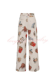 Angel Wings Denim Unique Print Mid Rise Pocket Loose Pants