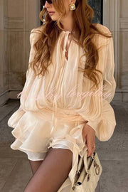 Ninah Glitter Fabric Pleated Balloon Sleeve Tiered Ruffle Hem Mini Dress