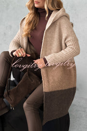 Fashionable Knit Patchwork Color Long-sleeved Hooded Loose Mid-length Cardigan