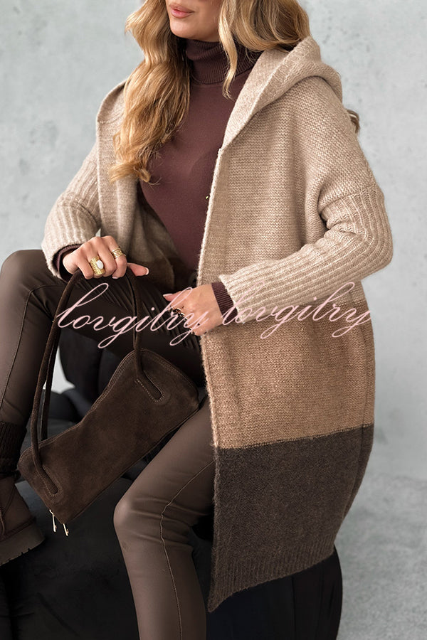 Fashionable Knit Patchwork Color Long-sleeved Hooded Loose Mid-length Cardigan