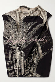 Satin Botanical Print Sleeveless Lounge Top and Midi Skirt Set