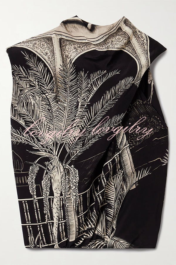 Satin Botanical Print Sleeveless Lounge Top and Midi Skirt Set