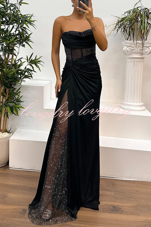 Audrey Satin Paneled Mesh Sequin Fabric Off Shoulder Ruched Drape Maxi Dress