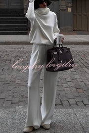 Morning Coffee Walks Ribbed Turtleneck Long Sleeve Sweatshirt and Elastic Waist Pocketed Loose Pants Set