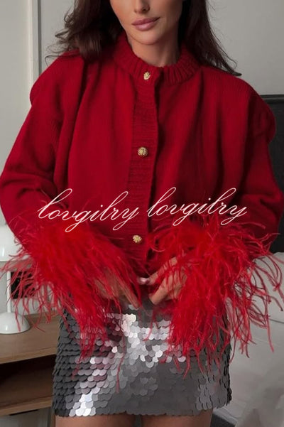 Solid Color Elegant Feather Long Sleeve Casual Knitted Cardigan
