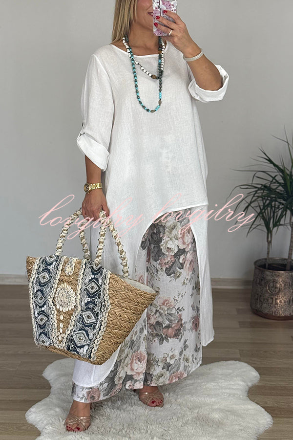 Linen Blend Crew Neck Long Sleeve Irregular Loose Top and Elastic Waist Floral Print Casual Pocket Set